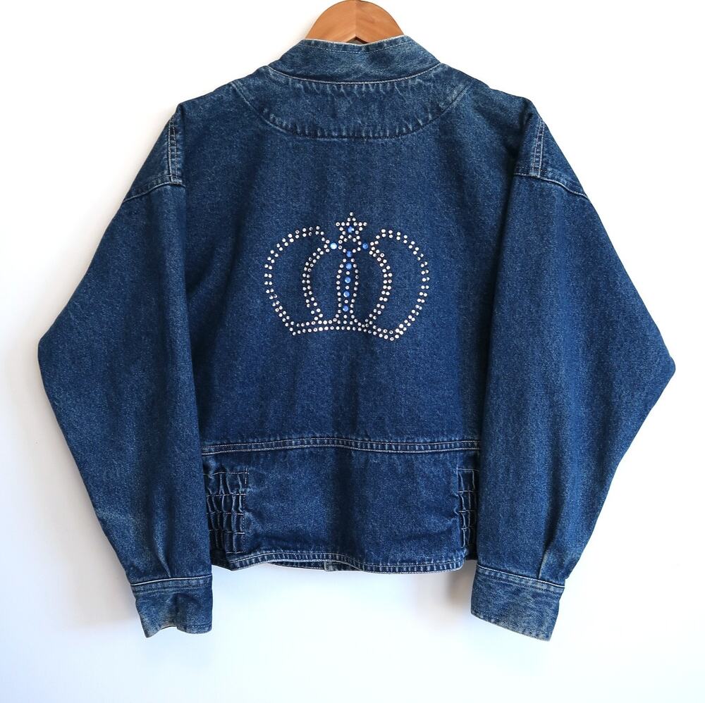 BLUMARINE ITALY Vintage Crown Embellished Denim Batwing Bomber Jacket 42 6 S M